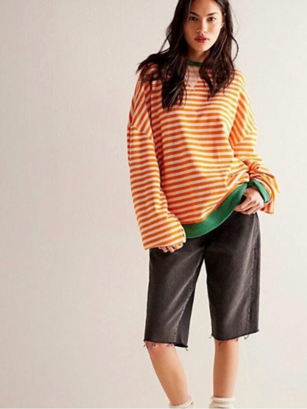 We The Free Orange & White Striped Sweatshirt with Green Trim
